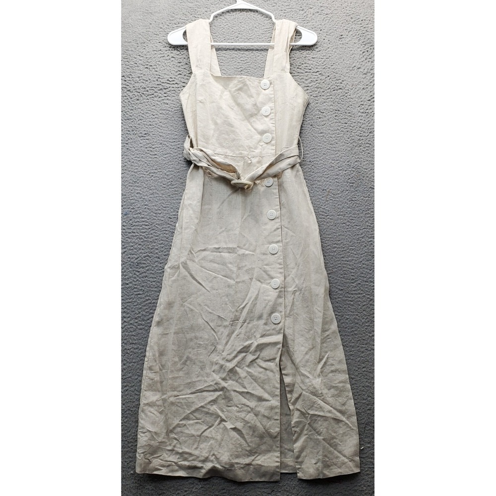 MNG Casual Long Maxi Dress Womens Size 2 Tan Waist Belt Clip Side Button Front‎